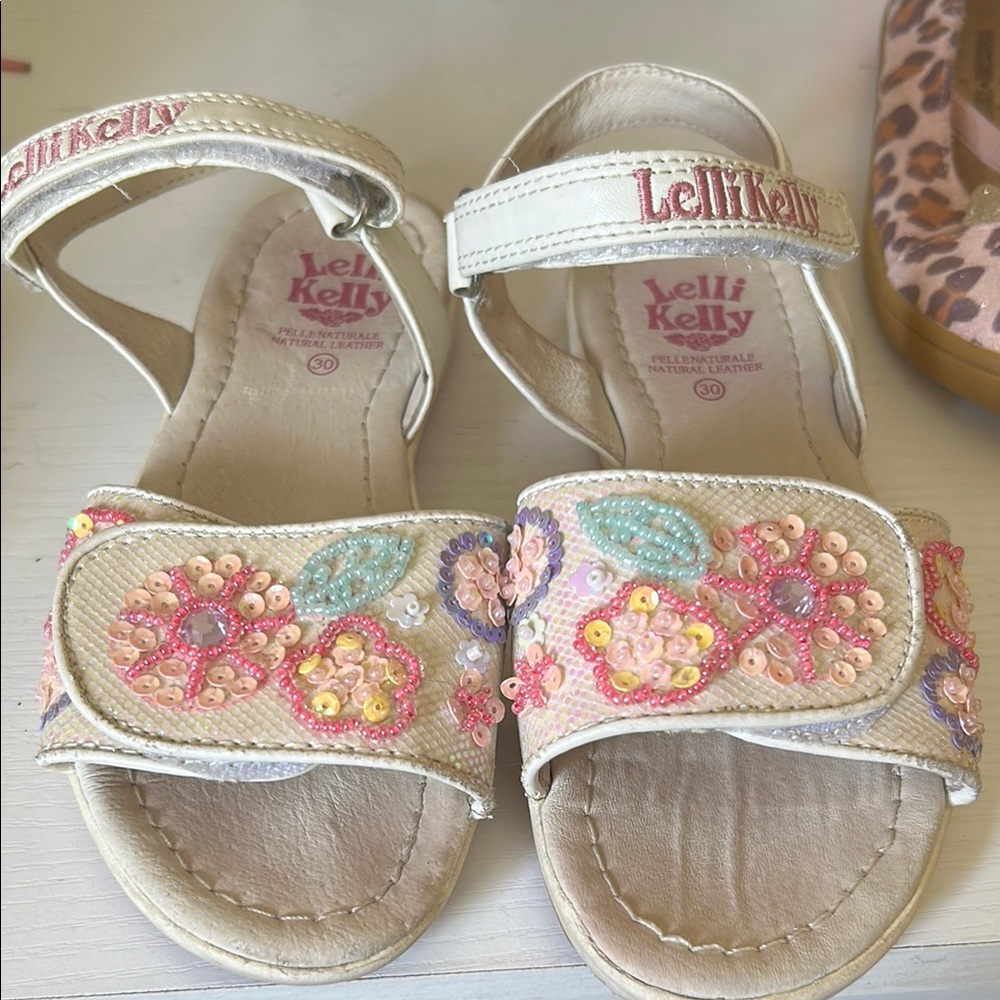 Lelli Kelly Kids Sandals - Cream with Beaded Sequined Floral Accents